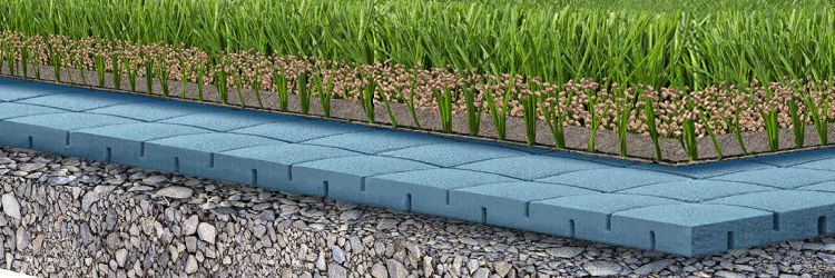 diagram showing an artificial grass laid over a shock-pad system